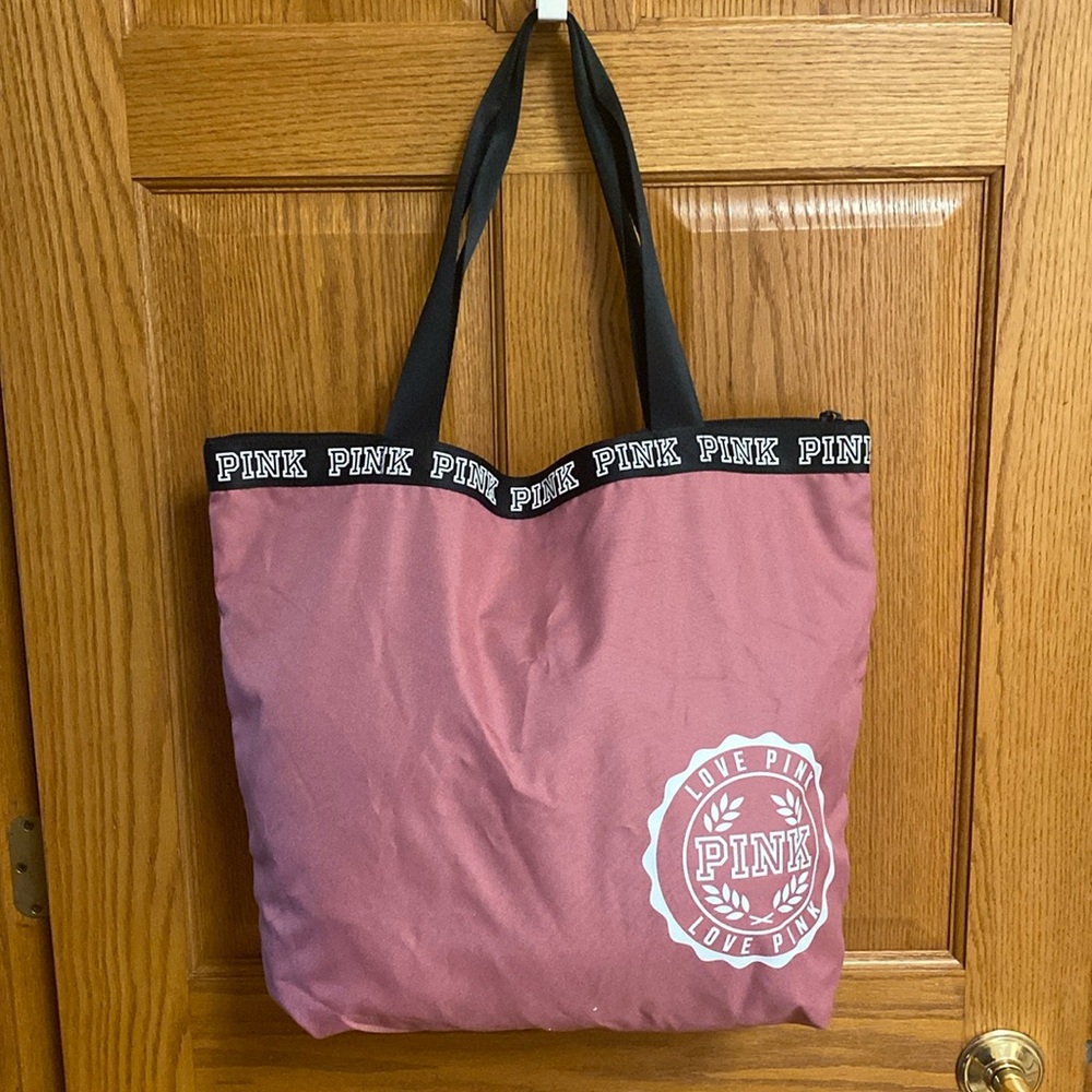 Victoria’s Secret PINK Tote Bag Mauve Black Logo Canvas 15” Carryall NWOT